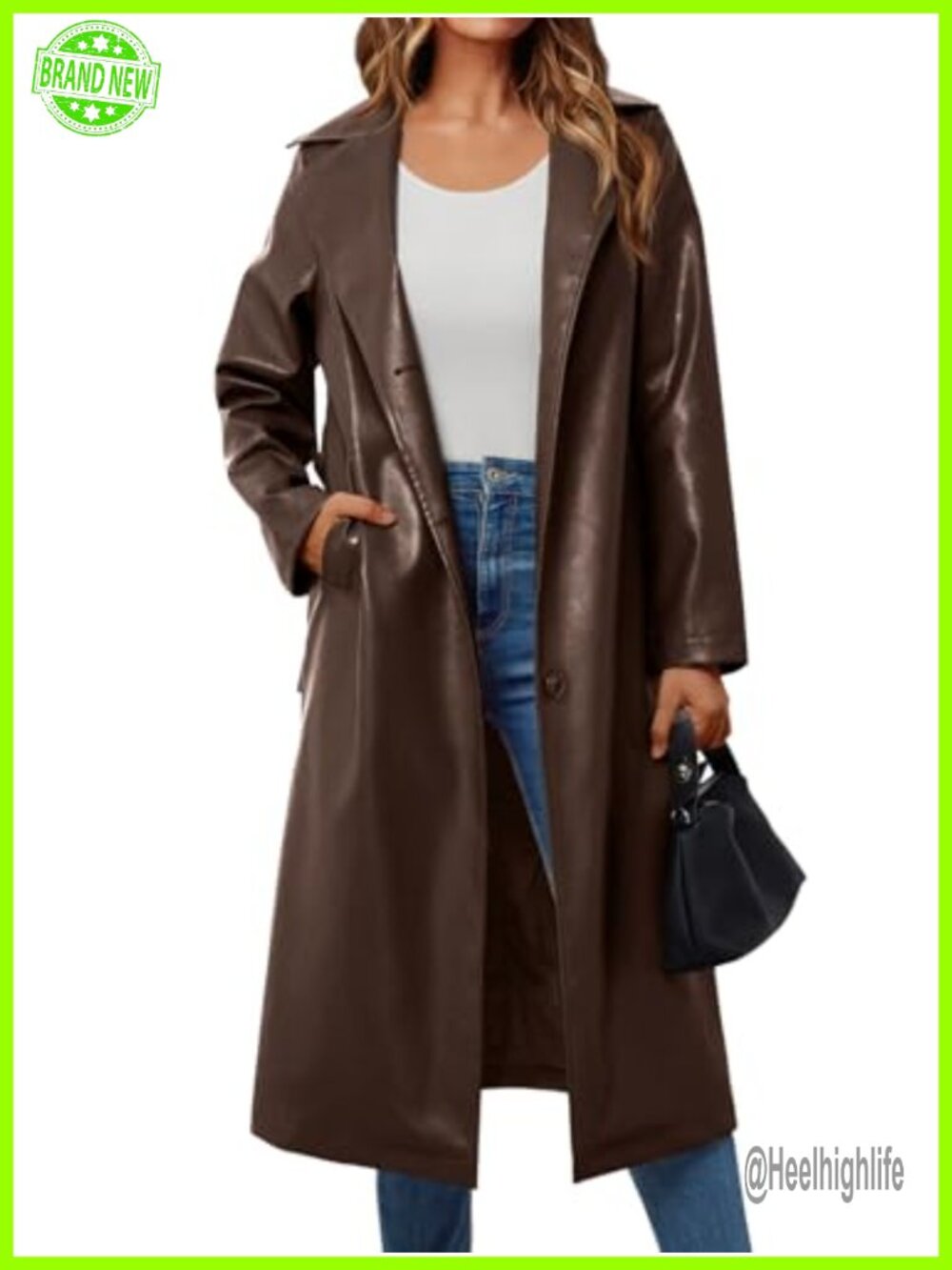 Faux Leather Trench Coat with Belt Knee Length Long Sleeve